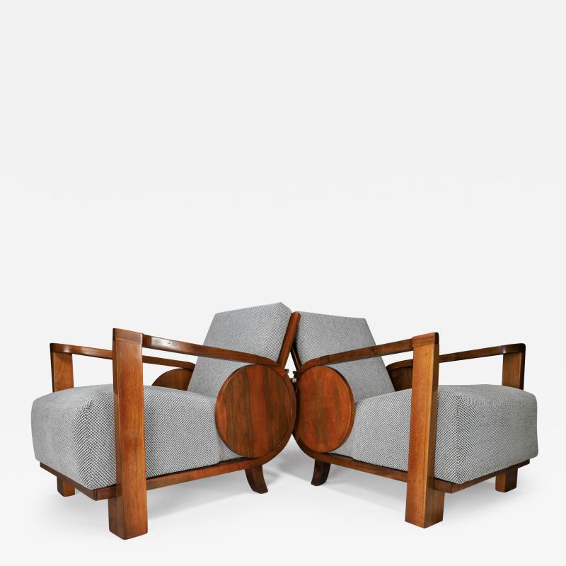Pair Restored 1920s Austrian Art Deco Walnut Lounge Chairs