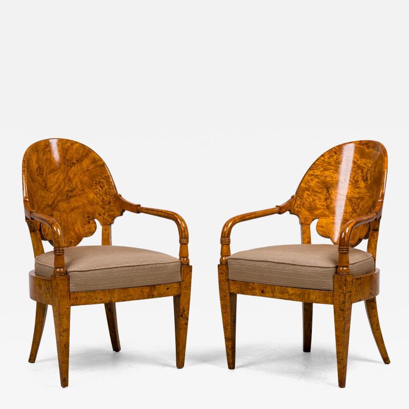 Pair Russian Karelian Birch arm chairs