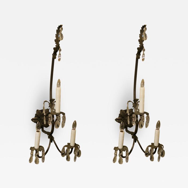 Pair Tall French Louis XV Revival Bronze Sconces with Crystals circa 1880