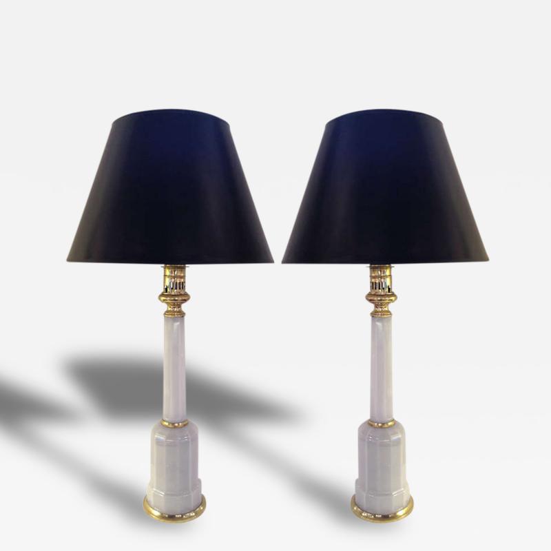 Pair Tall Pale Grey french Opaline Lamps