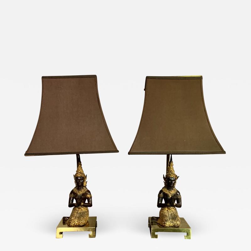 Pair Thai Thepphanom Angel Table Lamps Brass Base