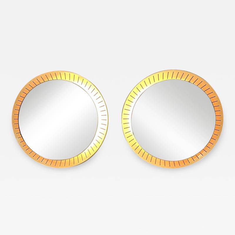 Pair brass backlit circular mirrors