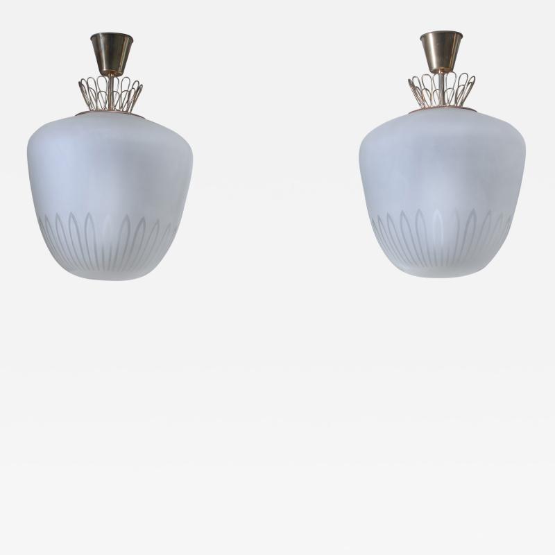 Pair large Art Deco frosted glass and brass pendants