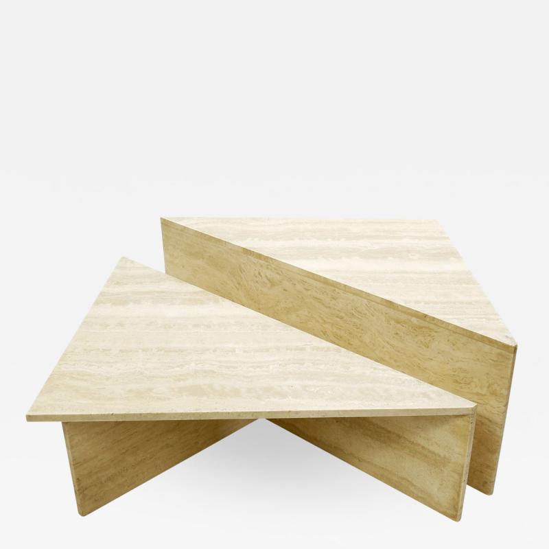 Pair low triangular travertine tables up up 1970s