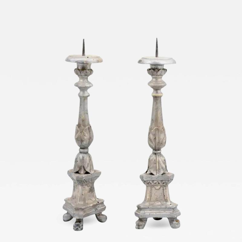 Pair of 1850s Italian Silver Gilt Candlesticks with Carved Waterleaves