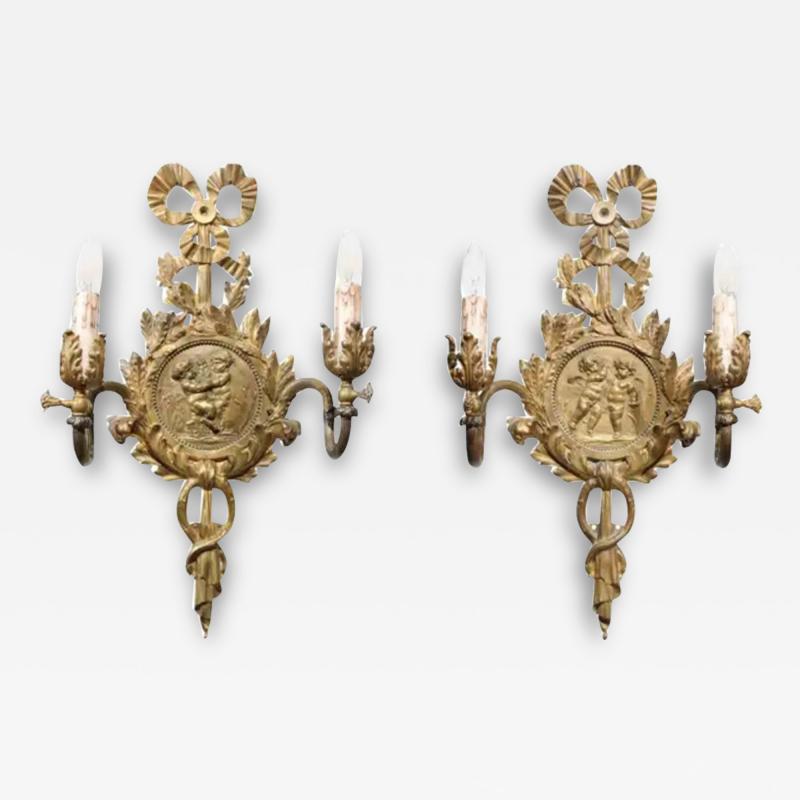 Pair of 1890s French Two Light Brass Sconces with Ribbon Cherubs and Satyrs
