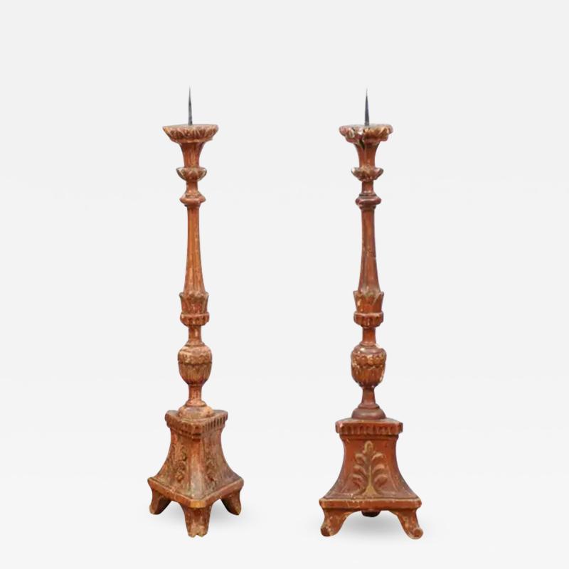 Pair of 1890s Grand Scale French Painted Candlesticks with Distressed Patina