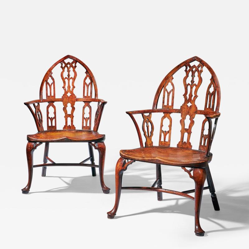 Pair of 18th Century George II Gothic Yew and Elm Windsor Armchairs circa 1760