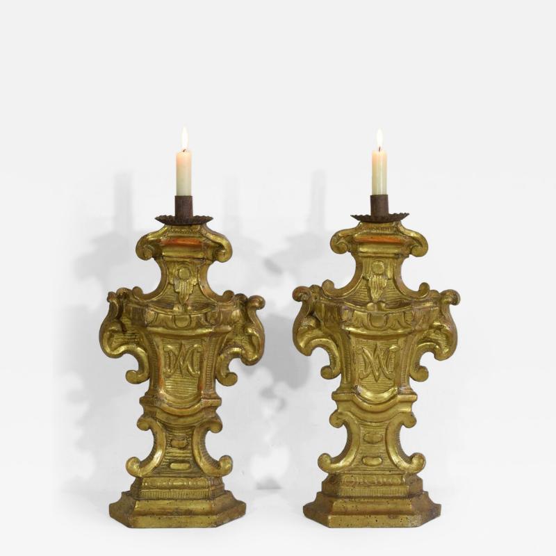 Pair of 18th Century Italian Carved Giltwood Baroque Candleholders