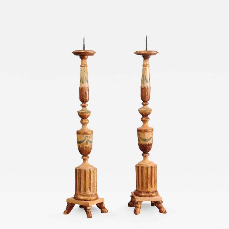 Pair of 18th Century Neoclassical Painted and Gilded Candlesticks with Hoof Feet