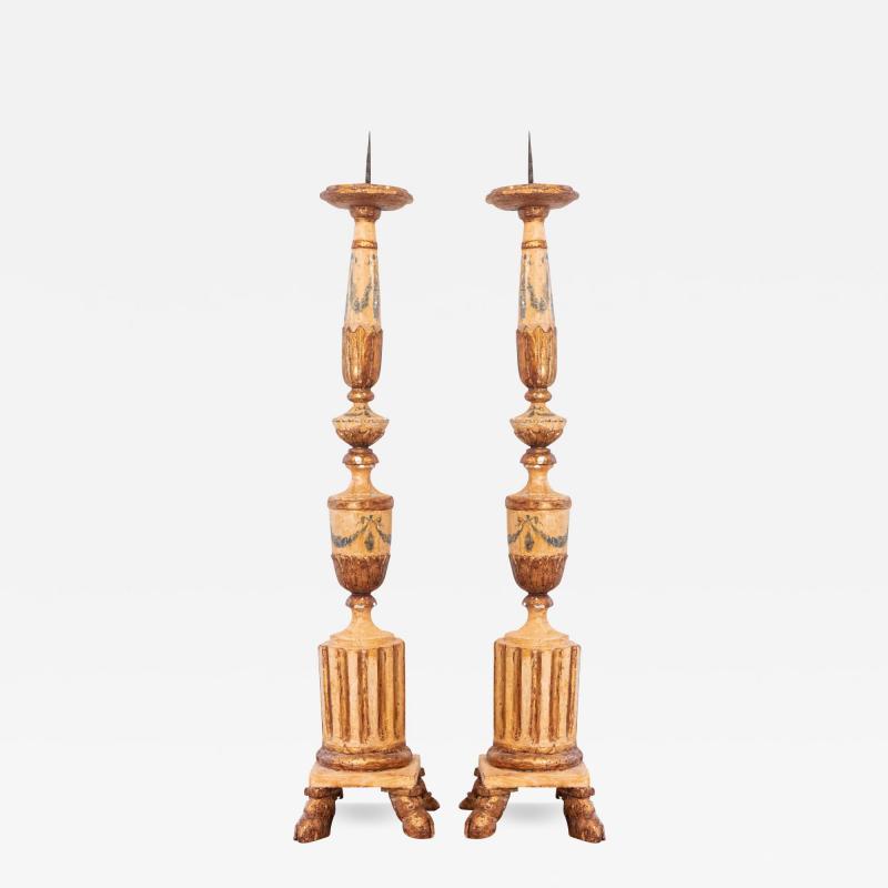 Pair of 18th Century Neoclassical Painted and Gilded Candlesticks with Hoof Feet