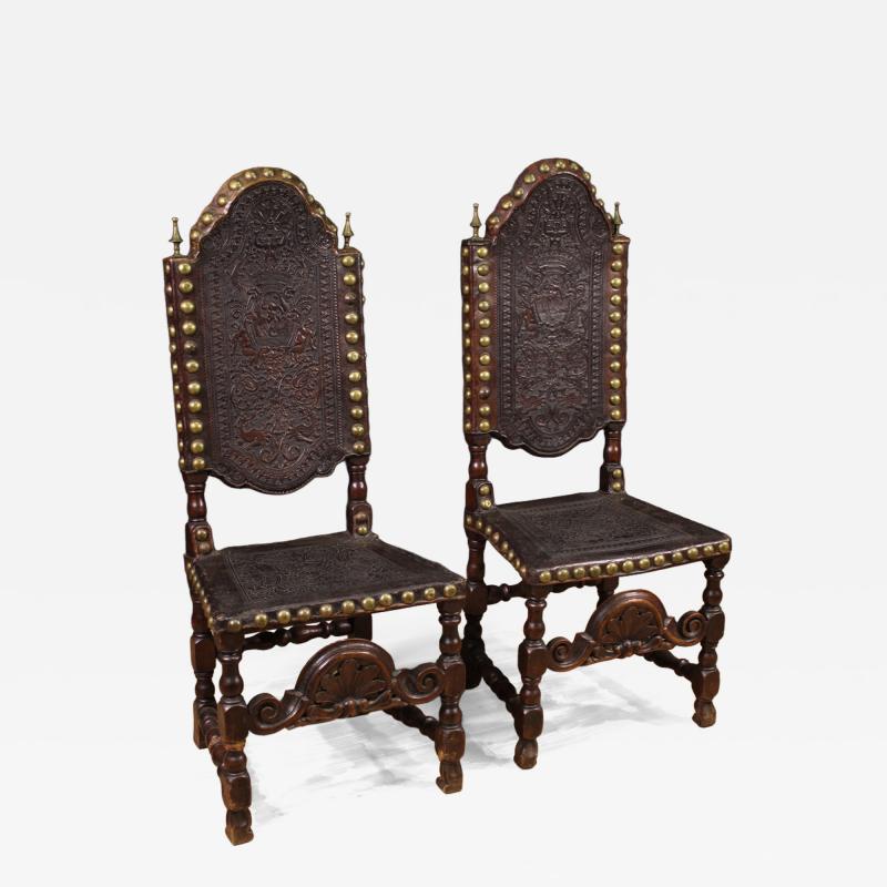Pair of 18th century antique Italian leather chairs