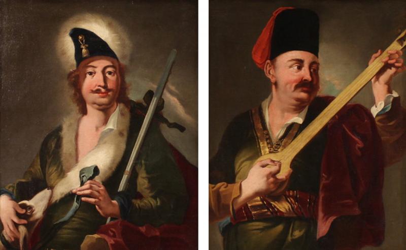 Pair of 18th century antique paintings portraits in traditional costume