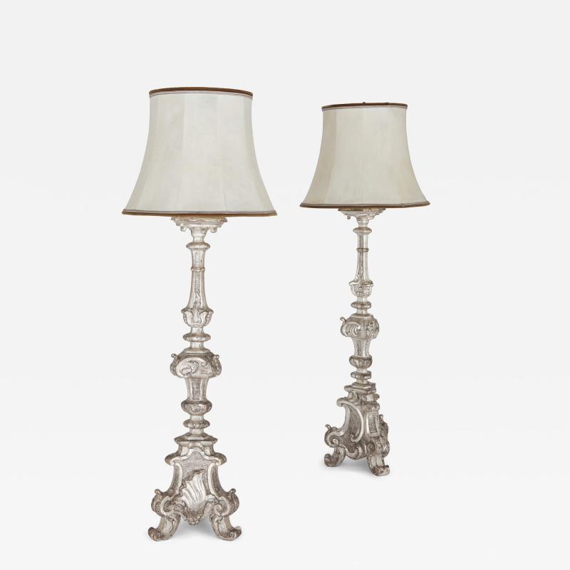 Pair of 18th century continental silvered wood lamps