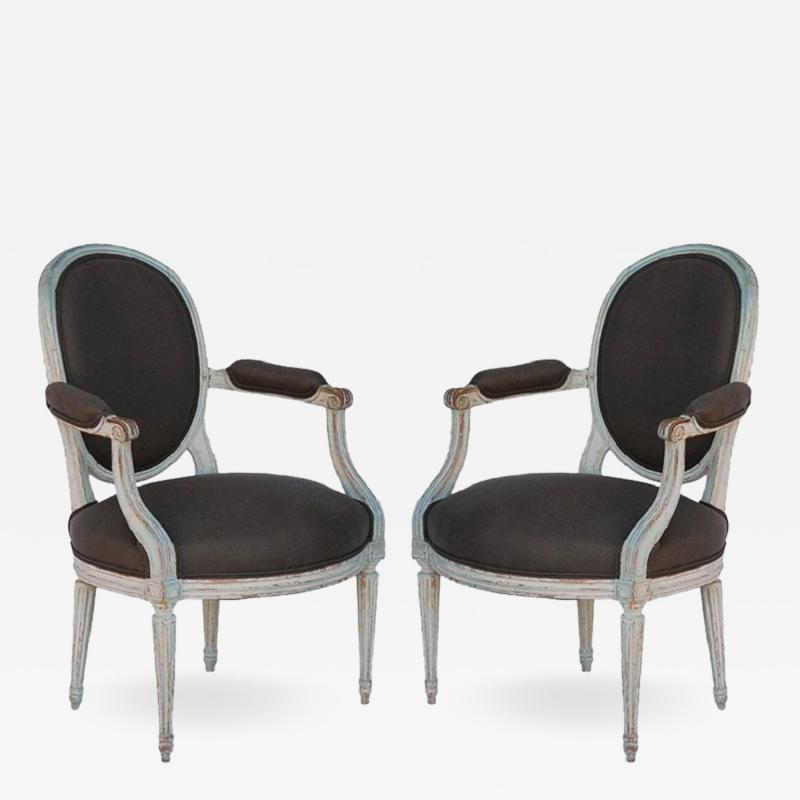 Pair of 18th century period Louis XVI whitewashed medaillon armchairs
