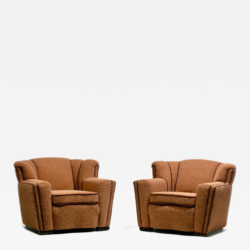 Pair of 1930s Art Deco Club Chairs in Truffle Cocoa Fabric with Chocolate Trim