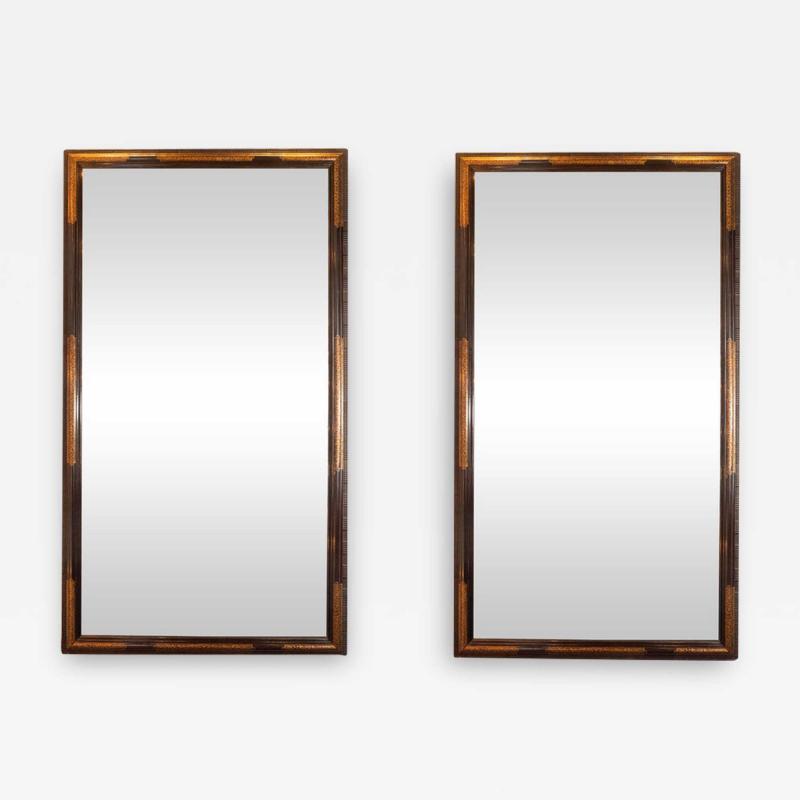 Pair of 1940s Dark Walnut Mirrors w Hand Painted 24kt Gilt Arabesque Detailing
