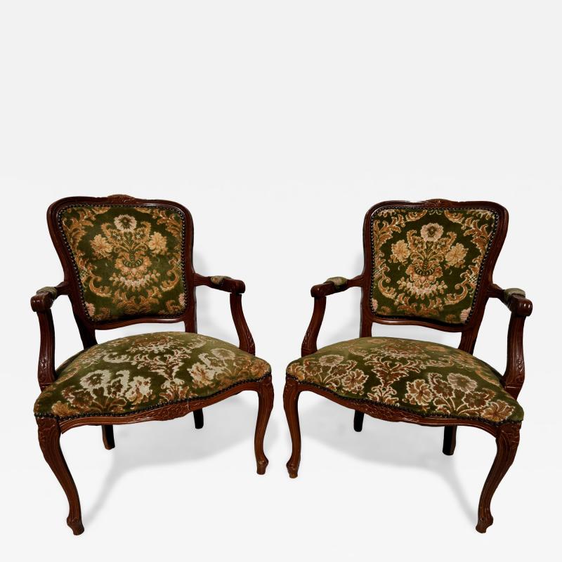 Pair of 1940s French Provincial Style Walnut Upholstered Bergeres