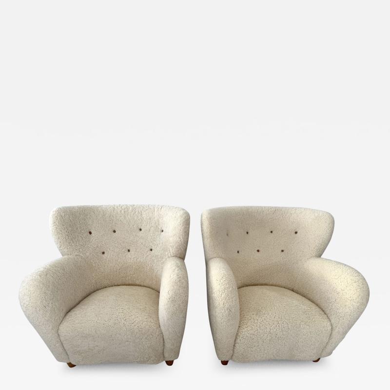 Pair of 1940s Scandinavian Sheepskin Lounge Chairs