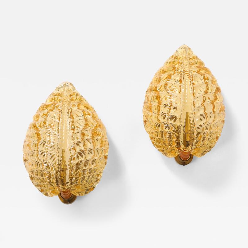 Pair of 1950s Golden Murano Glass Acanthus Leaf Sconces