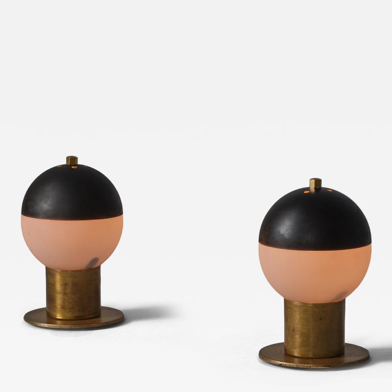 Pair of 1950s Italian Brass Table Lamps with Spherical Opaline Glass Shades