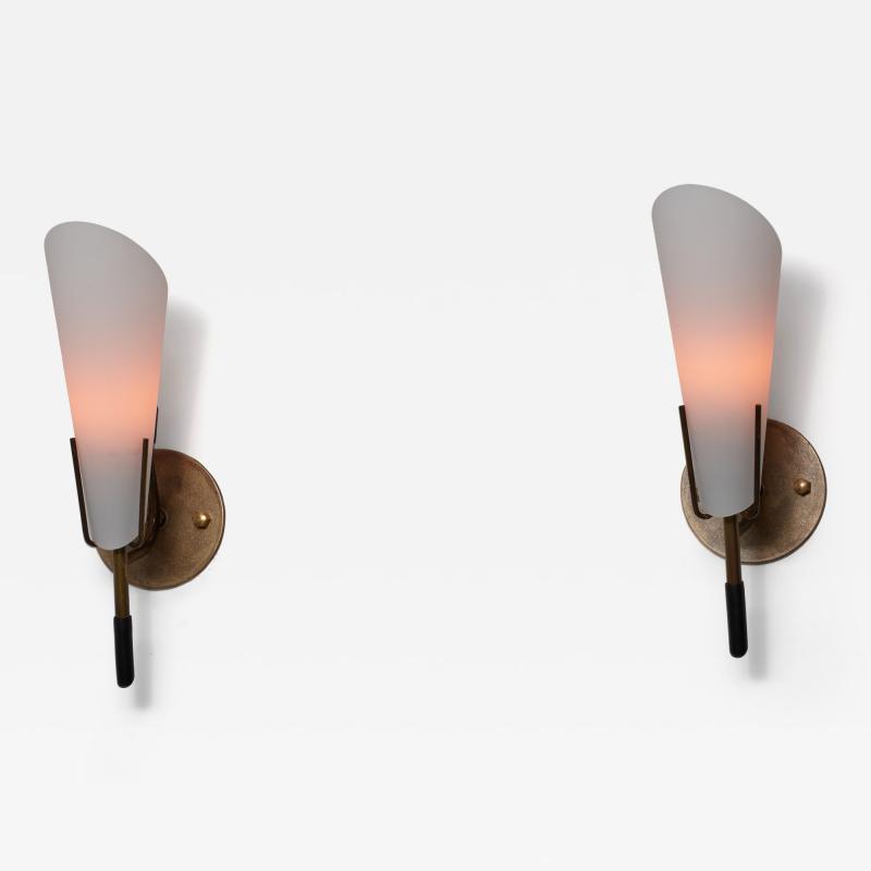 Pair of 1950s Italian Brass Wall Sconces with Opaline Glass Cone Shades