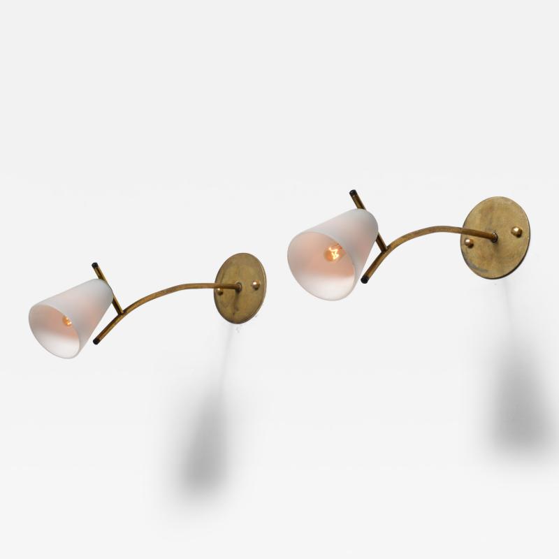 Pair of 1950s Italian Brass Wall Sconces with Opaline Glass Conical Shades