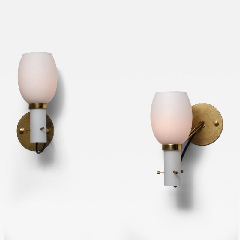 Pair of 1950s Italian Brass Wall Sconces with Opaline Glass Shades