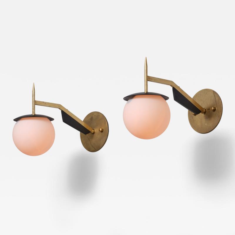 Pair of 1950s Italian Brass and Black Sconces with Opaline Glass Globes