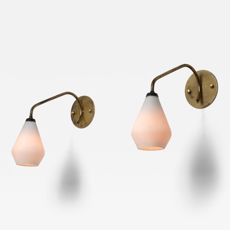Pair of 1950s Italian Brass and Opaline Glass Wall Sconces