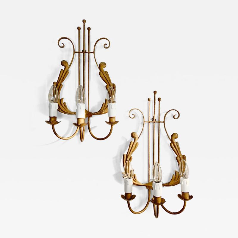 Pair of 1950s Italian Gilt Lyre Wall Lights