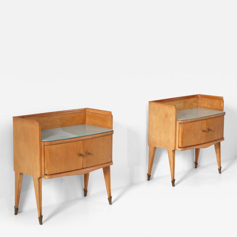 Pair of 1950s Italian Oak Bedside Tables with Gray Green Back Painted Glass Tops