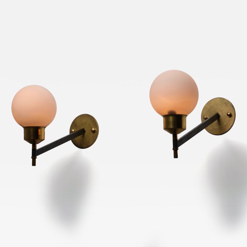 Pair of 1950s Italian Wall Sconces in Brass Black Steel and Opaline Glass