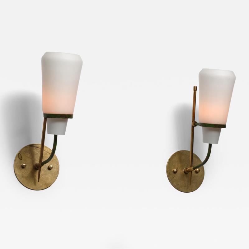 Pair of 1950s Italian Wall Sconces in Brass Green Steel and Opaline Glass