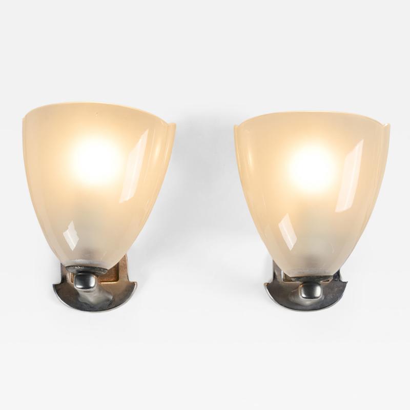 Pair of 1950s Italian palest opaque pink Murano glass and chrome wall lights