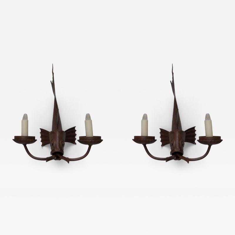 Pair of 1950s pressed iron fish lights