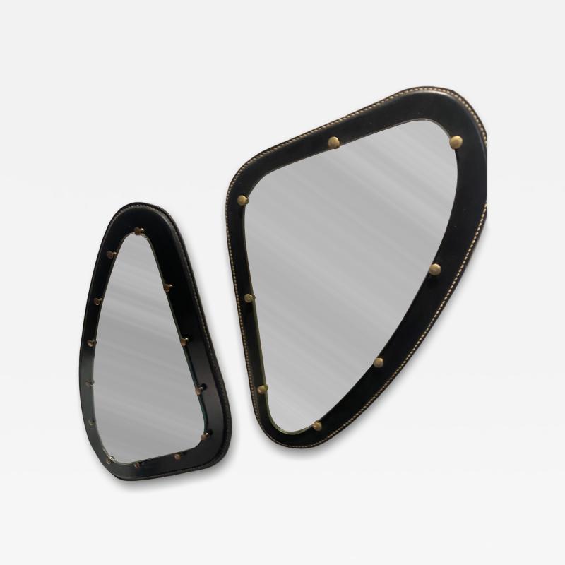 Pair of 1950s stitched leather wall mirror in the style of Jacques Adnet