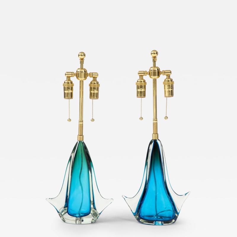 Pair of 1960s Blue Murano Glass Lamps 