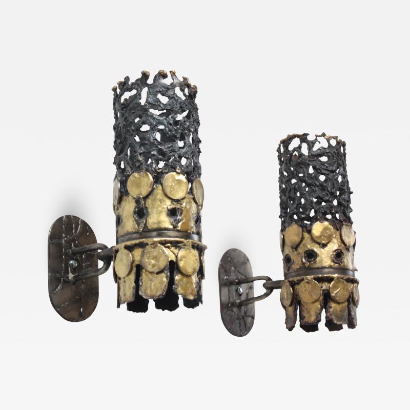 Pair of 1960s Brutalist Torch Cut Steel and Brass Wall Sconces