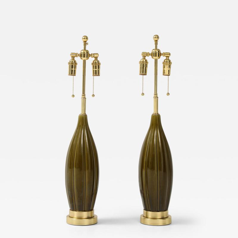 Pair of 1960s Ceramic Lamps with a Moss Green Glaze 