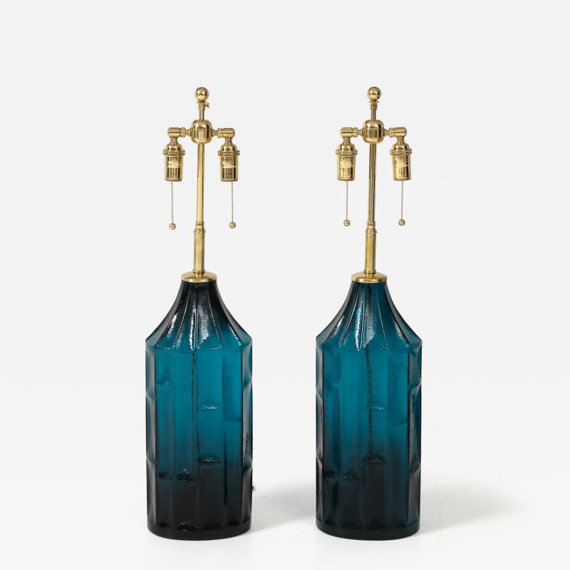Pair of 1960s Geometric Design Swedish Blue Glass Lamps