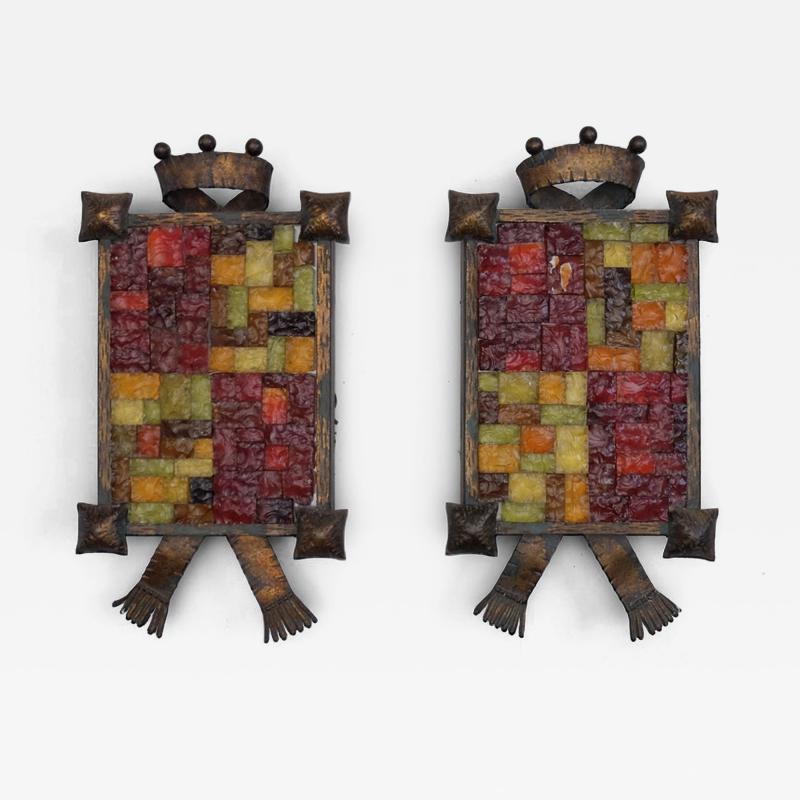 Pair of 1960s Gilded Iron and Glass Block Wall Light Italy