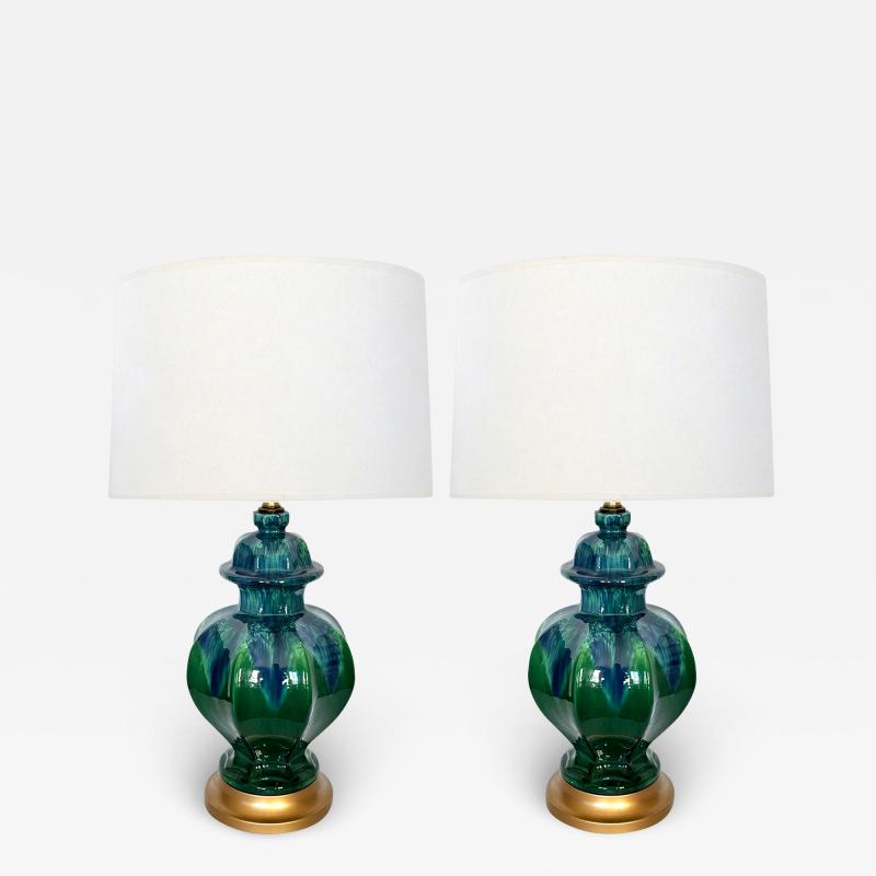 Pair of 1960s blue and green drip glaze octagonal ginger jar lamps