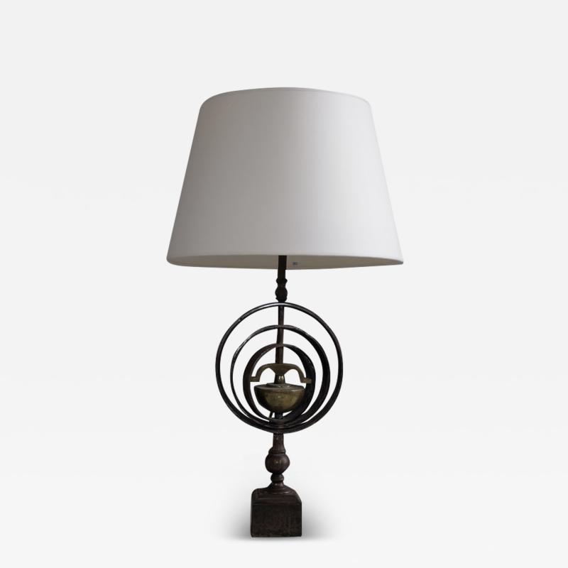 Pair of 1970s Iron and Brass Astrolabe Table Lamps France