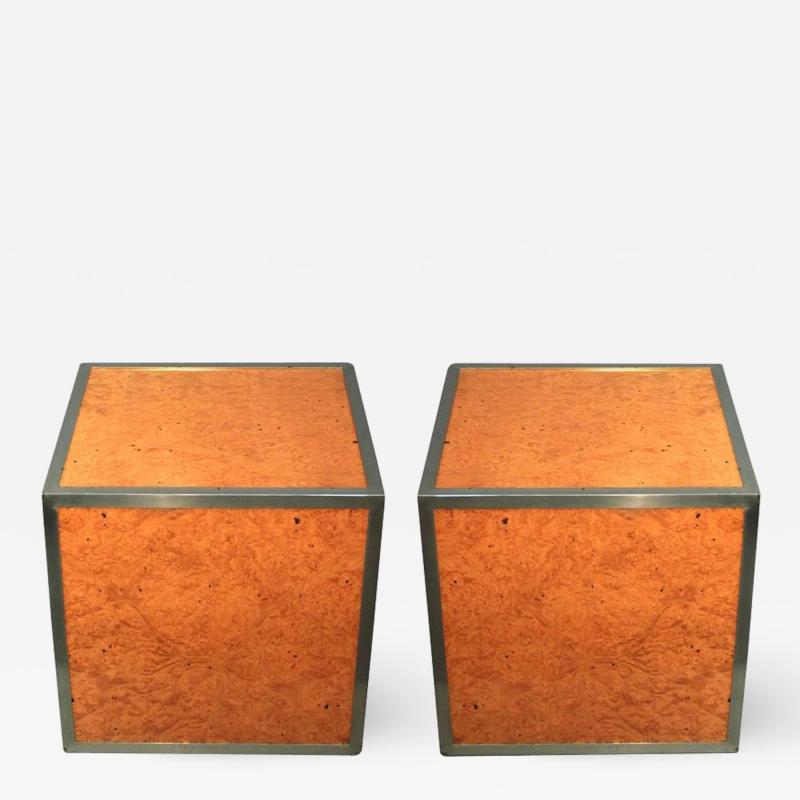 Pair of 1970s pedestals or end tables in burr elm and chrome
