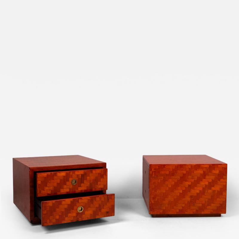 Pair of 1970s side tables with drawers lacquered veneered bamboo rattan