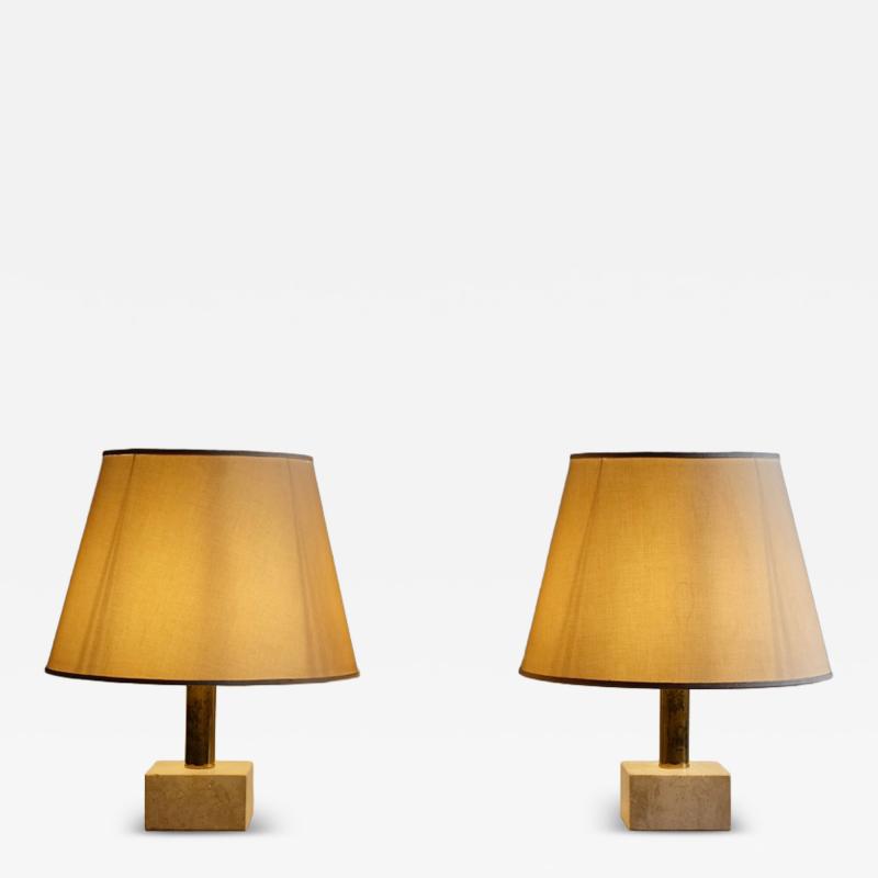 Pair of 1970s travertine and brass table lamps orginal shades