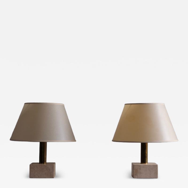 Pair of 1970s travertine and brass table lamps with original shades