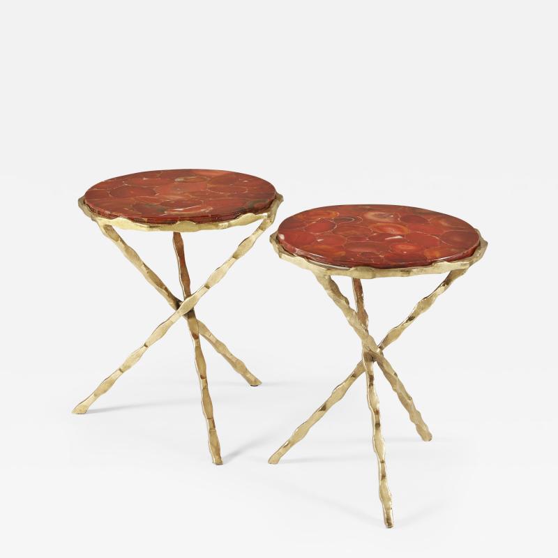 Pair of 1980s red agate side tables