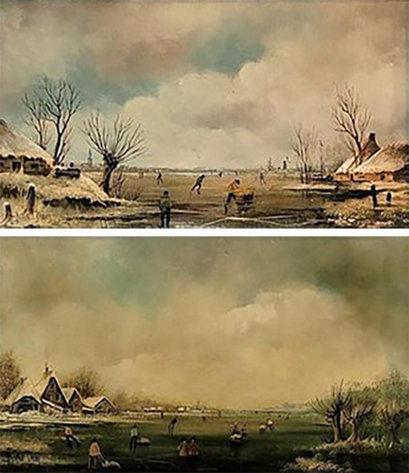 Pair of 19C Dutch Oil on Board of Winter Scenes by B Dam